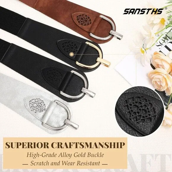 Women's Vintage Faux Leather Stretchy Wide Belt Chunky Buckle Elastic Wide Waist